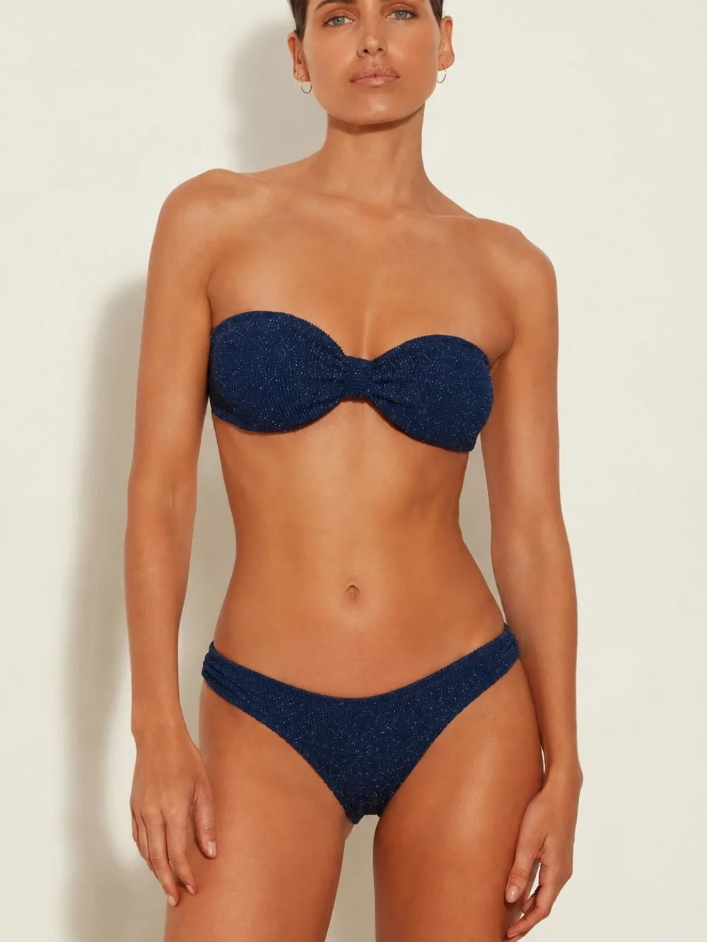 Hunza G Bikini Set Navy Blue Silver Lurex Jean Ruby Crinkle Strapless Bandeau